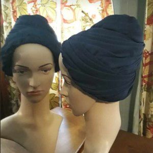 Vintage deep midnight blue tucked, gathered and wrapped "fez"  style hat.